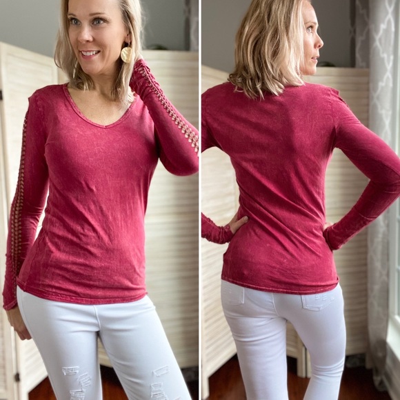 Tops - Mineral wash braided sleeve tee